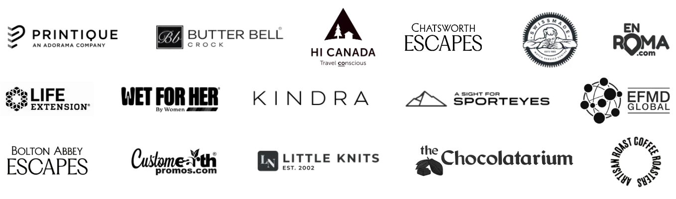 Client logos including Printique, Hi Canada, Chatsworth Escapes, Wet For Her, Life Extension, Little Knits, The Chocolatarium and EFMD Global